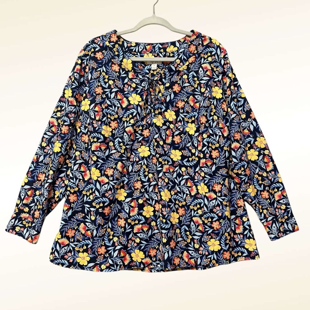 Style & Co. Tie Neck Blouse 2X Navy Floral Long Sleeve Button Cuff 100% Cotton